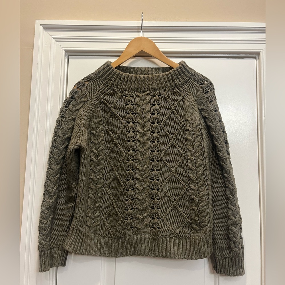 J. Crew Olive Green Cable Knit Crewneck Sweater